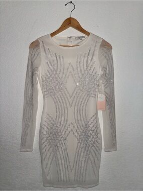 Embellished Sheer White Long-Sleeve Bodycon Dress